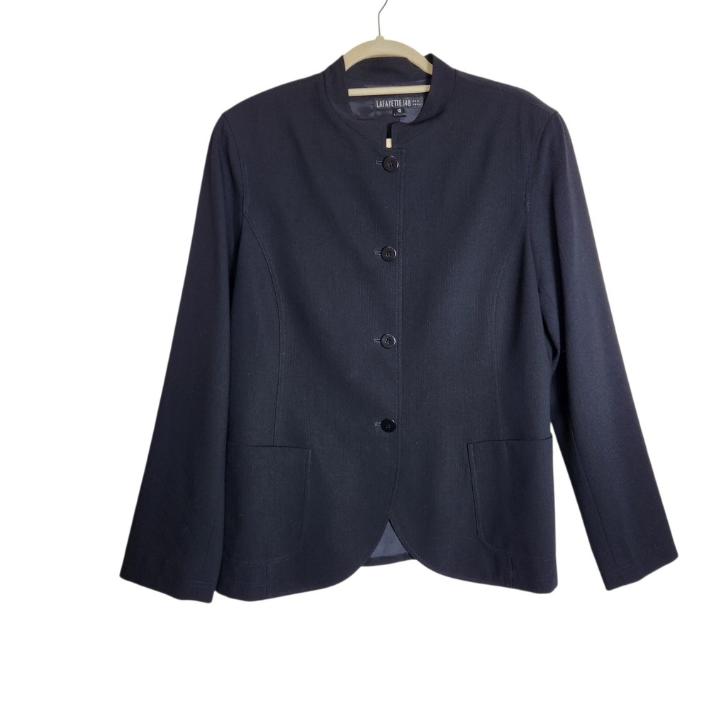 Lafayette 148 NY Navy Blue Wool Blend Mandarin Collar Blazer Jacket Size 12